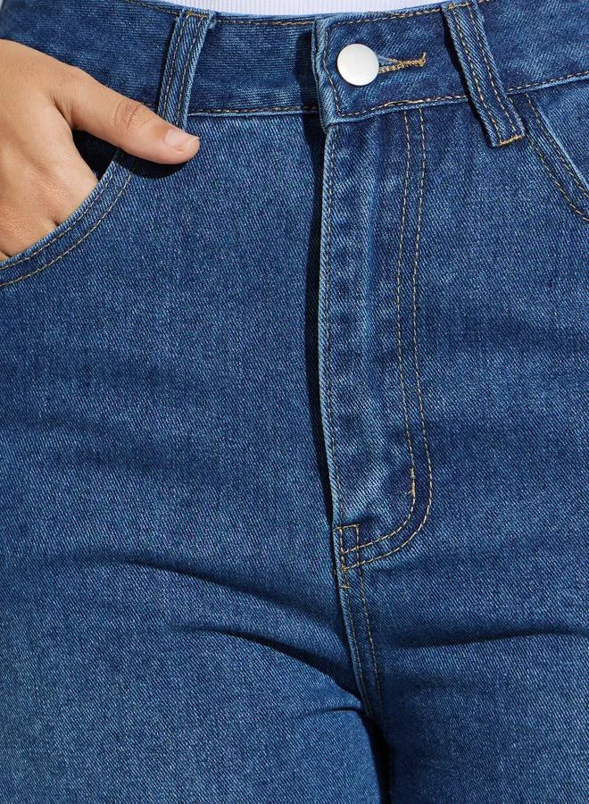 Styli Medium Blue Blue Wide Leg Faded Jeans for Women | Best Price UAE