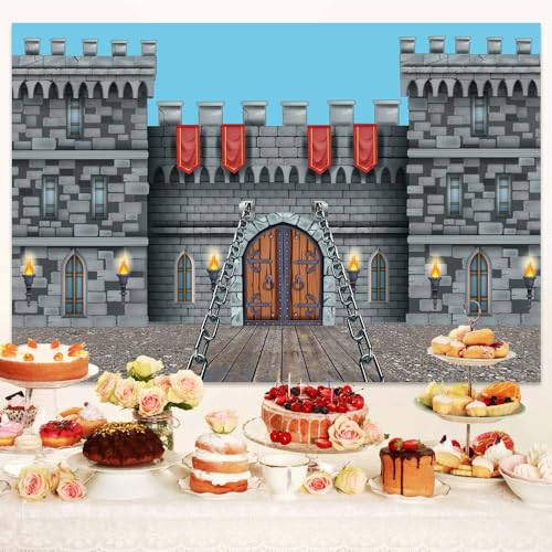 MERCHR Medieval Castle Backdrop 7 x 5 ft, Knight Castle Party Decoration Banner with Medieval Arches Entrance Door Stone Wall Background Polyester for Kids Boys Birthday Party Photo Props Supplies - Image 5