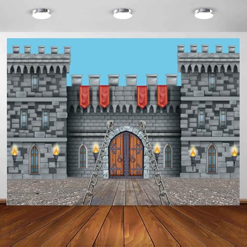 MERCHR Medieval Castle Backdrop 7 x 5 ft, Knight Castle Party Decoration Banner with Medieval Arches Entrance Door Stone Wall Background Polyester for Kids Boys Birthday Party Photo Props Supplies - Image 1