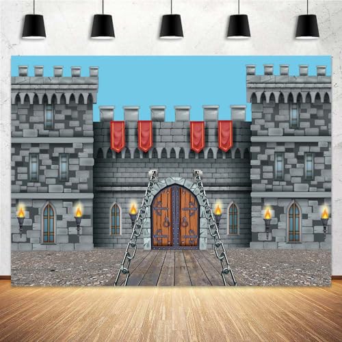 MERCHR Medieval Castle Backdrop 7 x 5 ft, Knight Castle Party Decoration Banner with Medieval Arches Entrance Door Stone Wall Background Polyester for Kids Boys Birthday Party Photo Props Supplies - Image 3