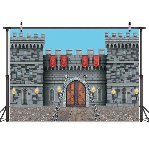 MERCHR Medieval Castle Backdrop 7 x 5 ft, Knight Castle Party Decoration Banner with Medieval Arches Entrance Door Stone Wall Background Polyester for Kids Boys Birthday Party Photo Props Supplies - Image 2