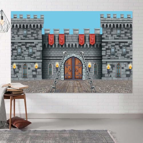 MERCHR Medieval Castle Backdrop 7 x 5 ft, Knight Castle Party Decoration Banner with Medieval Arches Entrance Door Stone Wall Background Polyester for Kids Boys Birthday Party Photo Props Supplies - Image 4