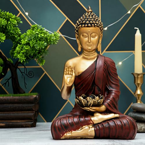 Heeran Art New Meditating Sitting Buddha Statue showpiece Idol Home Decor Items for Living Room and Gifts (Red Golden, Medium) - Image 1