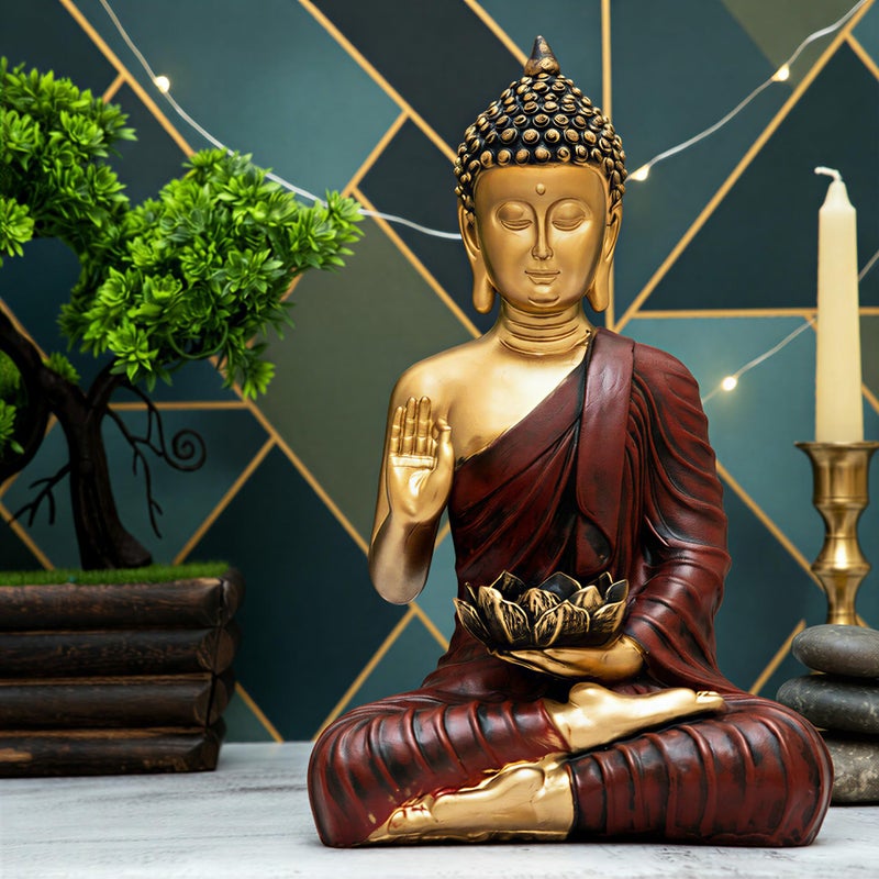 Heeran Art New Meditating Sitting Buddha Statue showpiece Idol Home Decor Items for Living Room and Gifts (Red Golden, Medium) - Image 5