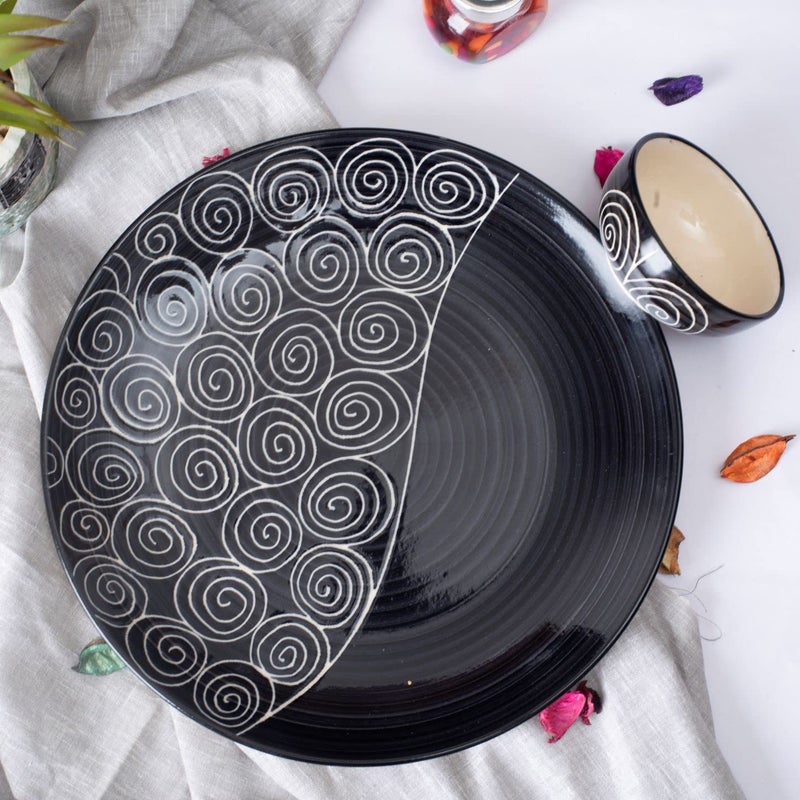 Caffeine Ceramic Handmade Black Doodle Combo Dinner Set of 4 (2 Dinner Plate, 2 Katori Bowl) - Image 1