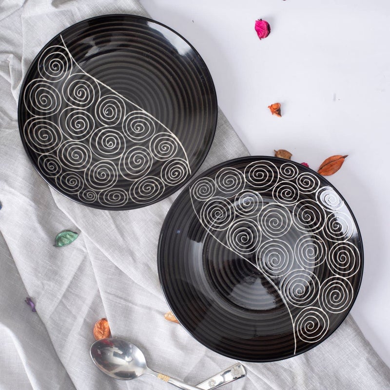 Caffeine Ceramic Handmade Black Doodle Combo Dinner Set of 4 (2 Dinner Plate, 2 Katori Bowl) - Image 2