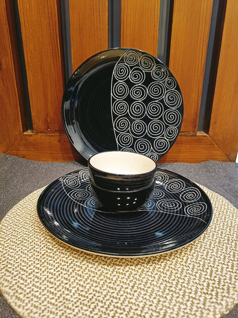 Caffeine Ceramic Handmade Black Doodle Combo Dinner Set of 4 (2 Dinner Plate, 2 Katori Bowl) - Image 3