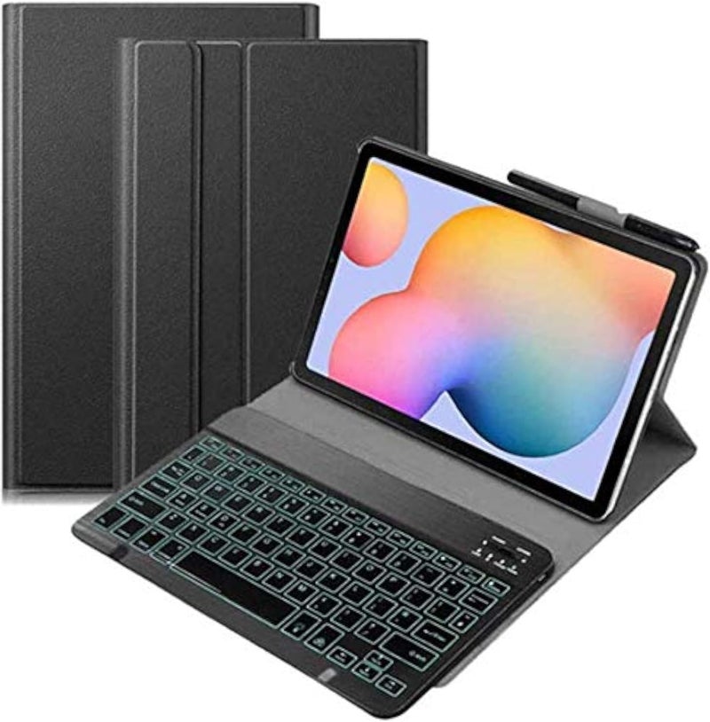 JAMIE Keyboard Leather Case For Galaxy Tab S6 Lite 10.4 Inch 2020, 7 Color Backlit Slim Pu Case Wireless Bluetooth Stand Removable Keyboard Shell Cover For P610 P615 (Black)