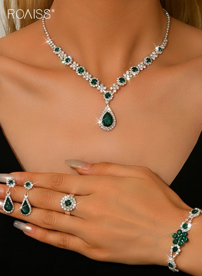 roaiss 4 Pcs Fashion Claw Chain Jewelry Sets Green Rhinestone Crystal Necklace Earrings Bracelet Ring FourPiece Set for Women Party Accessories - Image 1