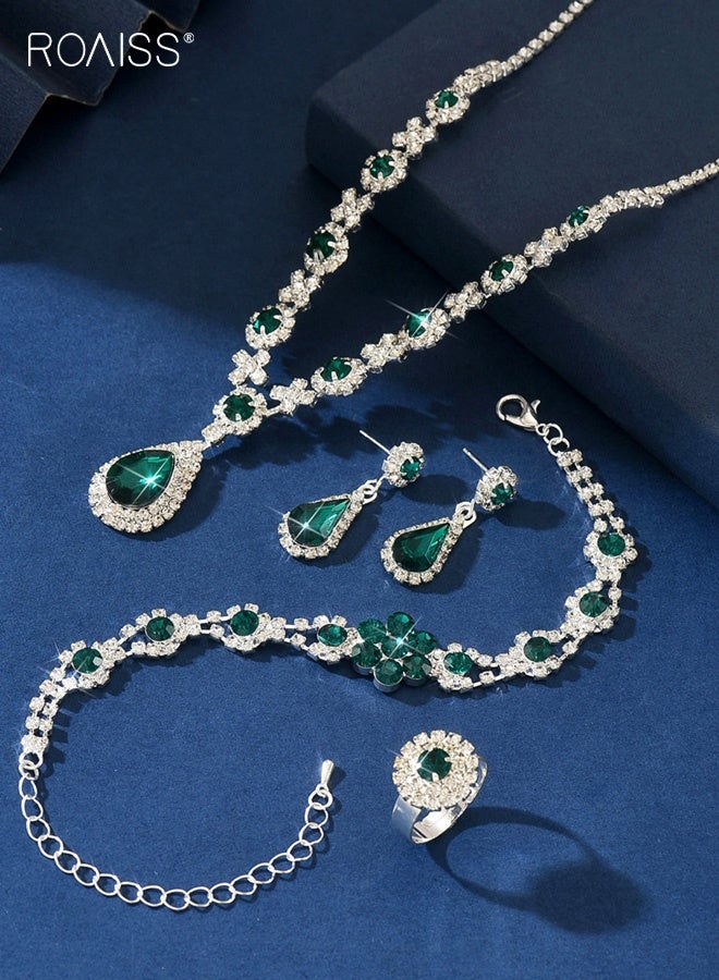 roaiss 4 Pcs Fashion Claw Chain Jewelry Sets Green Rhinestone Crystal Necklace Earrings Bracelet Ring FourPiece Set for Women Party Accessories - Image 3