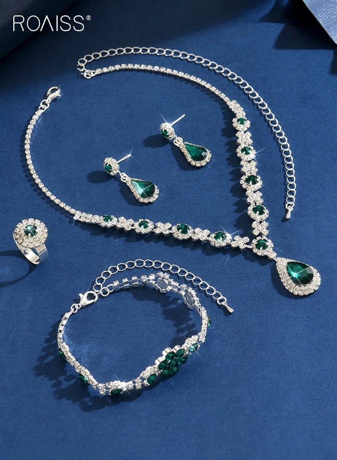 roaiss 4 Pcs Fashion Claw Chain Jewelry Sets Green Rhinestone Crystal Necklace Earrings Bracelet Ring FourPiece Set for Women Party Accessories - Image 5