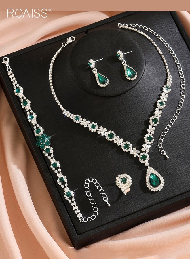 roaiss 4 Pcs Fashion Claw Chain Jewelry Sets Green Rhinestone Crystal Necklace Earrings Bracelet Ring FourPiece Set for Women Party Accessories - Image 4