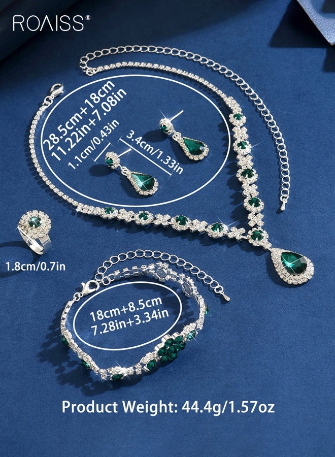 roaiss 4 Pcs Fashion Claw Chain Jewelry Sets Green Rhinestone Crystal Necklace Earrings Bracelet Ring FourPiece Set for Women Party Accessories - Image 2