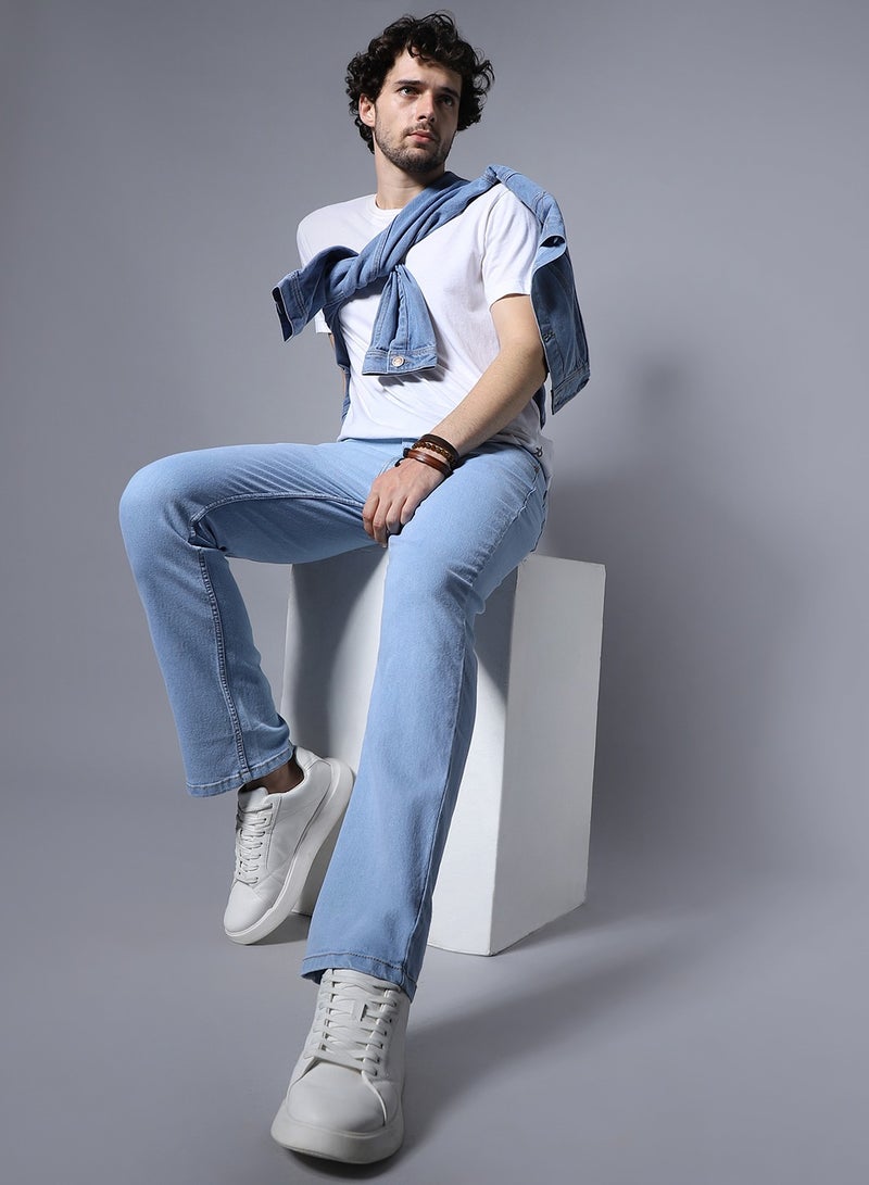 HIGH STAR Blue Wide Leg Men’s Jeans, Mid-Rise, Clean Look, Stretchable Cotton - Image 1