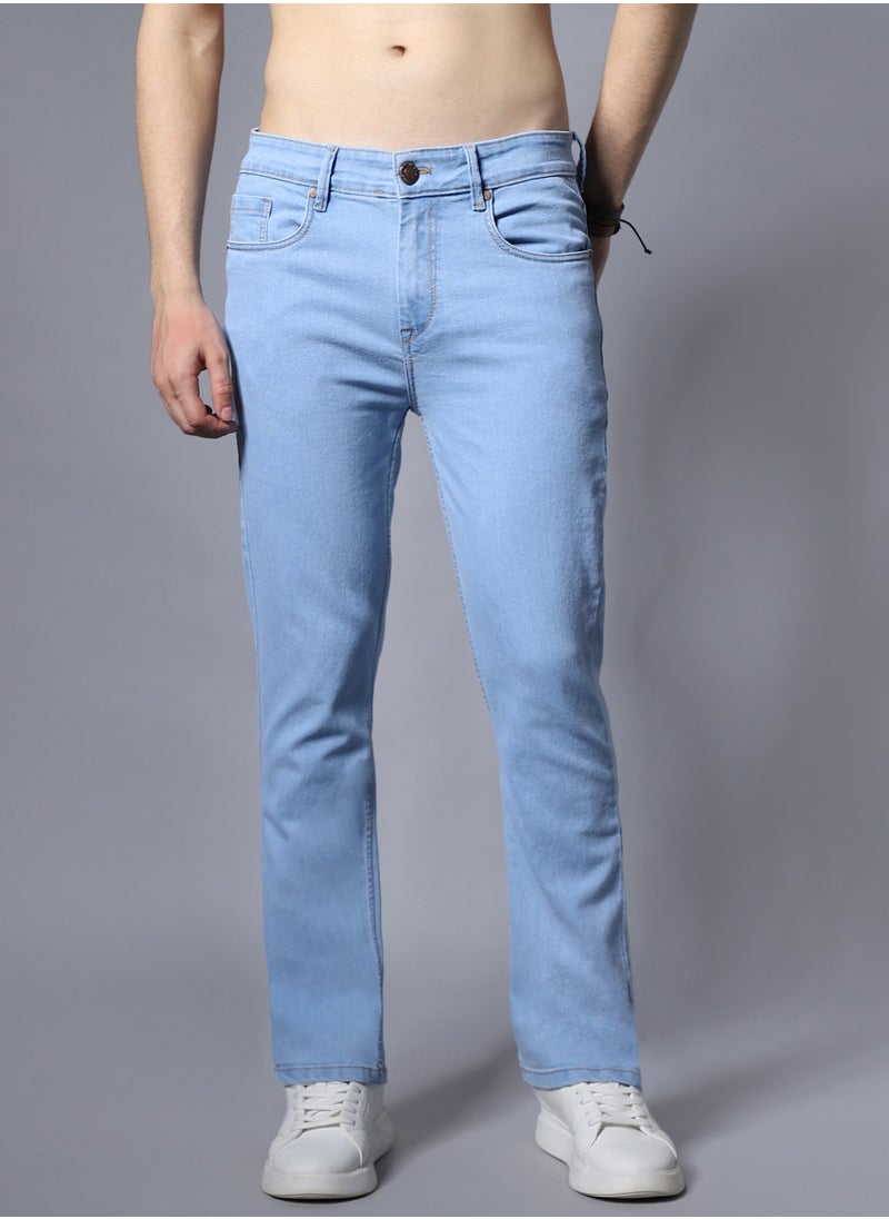 HIGH STAR - Blue Wide Leg Men’s Jeans, Mid-Rise, Clean Look, Stretchable Cotton - Image 1