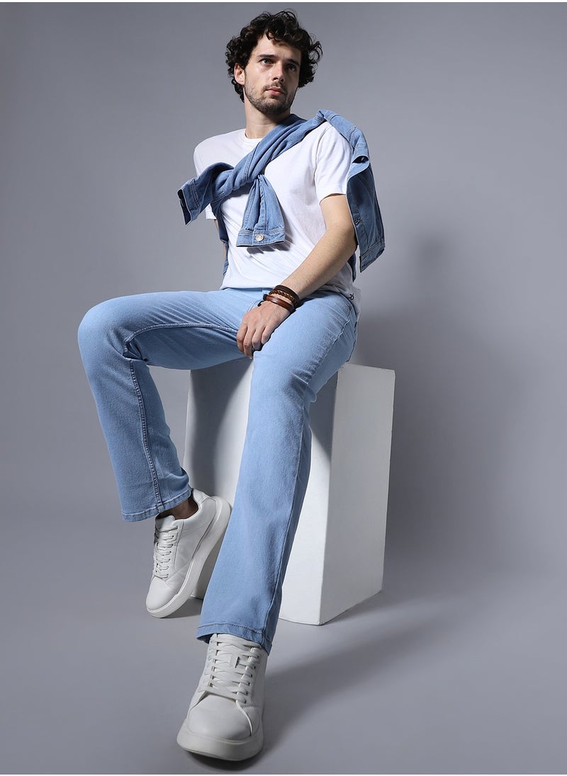 HIGH STAR - Blue Wide Leg Men’s Jeans, Mid-Rise, Clean Look, Stretchable Cotton - Image 1