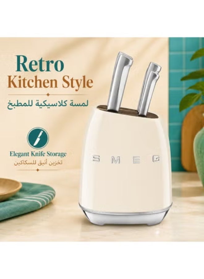 Smeg, KBSF02CR Knife Block, 6 Knives Included in Stainless Steel, Stainless Steel Block Body and Knife Slot, Acacia Wood, Cream - Image 1