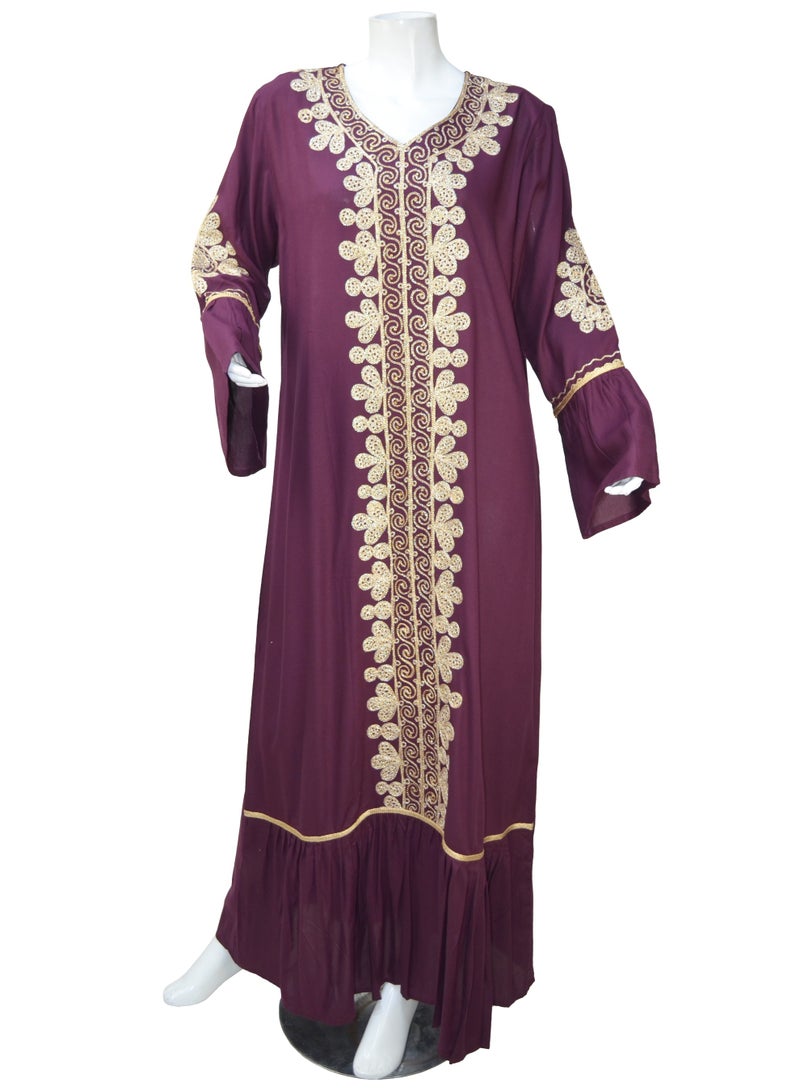 زينة جلابية نسائية بياقة على شكل V وتطريز ذهبي فاخر - بنفسجي ملكي - Image 1