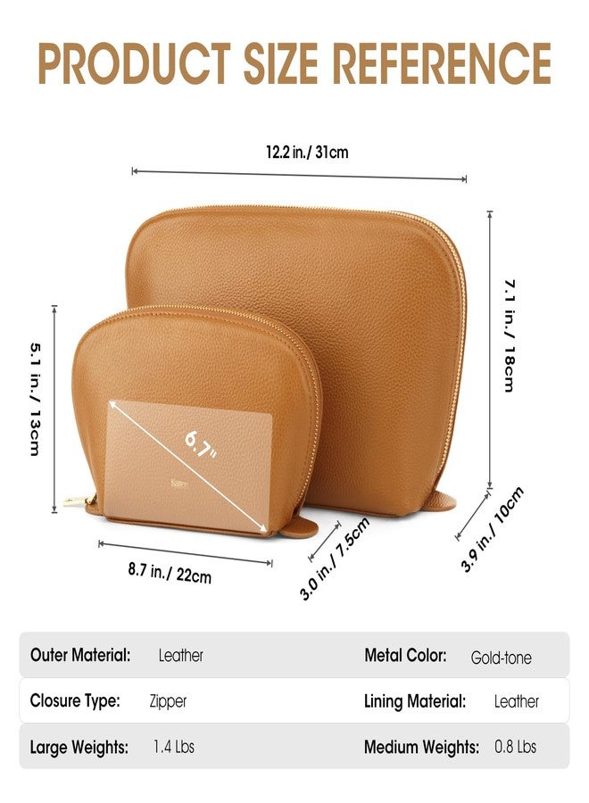 Kattee Leather Makeup Bag, Travel Cosmetic Bag Set, Toiletry Bag Organizer for Women, 2-PACK, Brown - Image 4