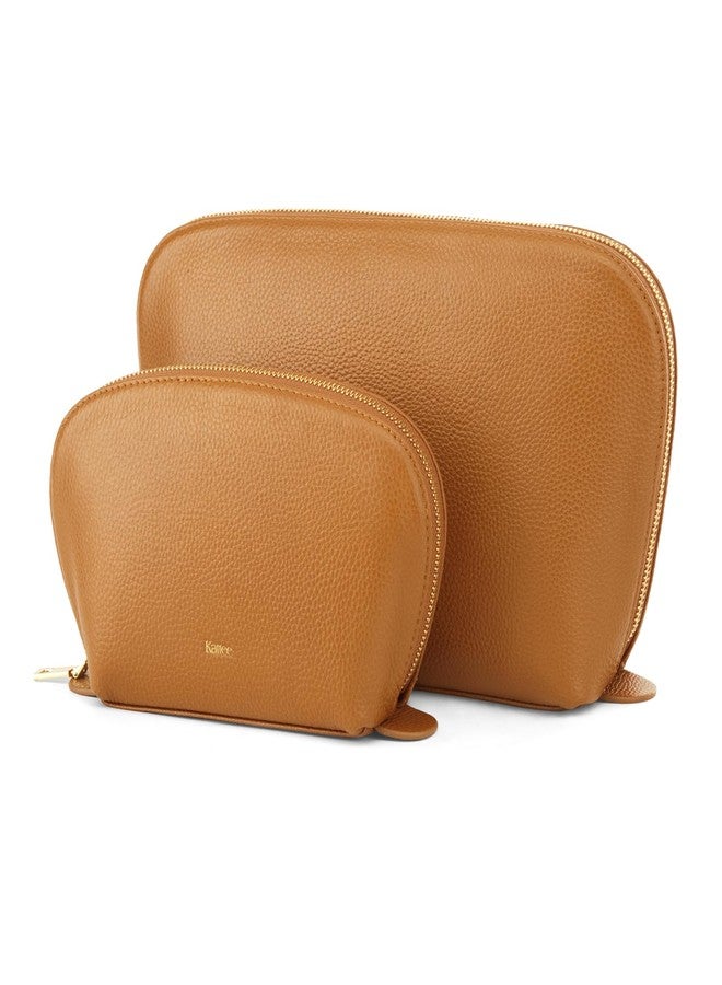Kattee Leather Makeup Bag, Travel Cosmetic Bag Set, Toiletry Bag Organizer for Women, 2-PACK, Brown - Image 1