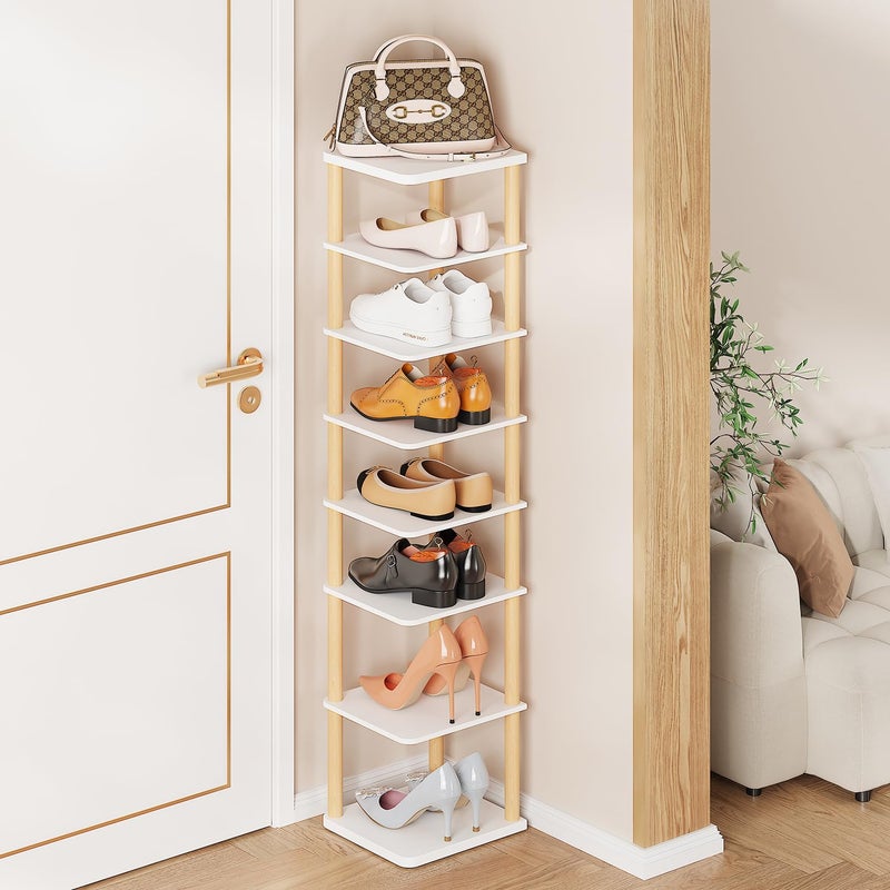 LUCKNOCK Vertical Shoe Rack 8Tier Tall Narrow Shoe Organizer for Entryway Closet Dorm  Small Spaces Freestanding White Wooden Shoe Shelf Tower for Boots Sneakers Heels