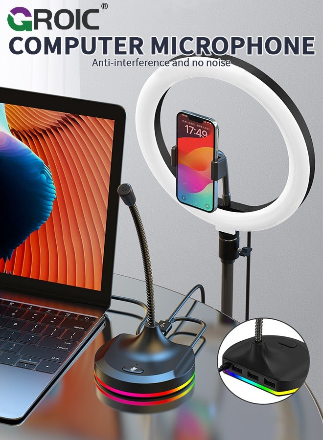 GROIC USB Computer Microphone, PC Microphone Mic Desktop with Colorful LED, Omnidirectional Condenser, Plug & Play Stand Compatible with PC, Laptop, Mac, PS4 for Recording, Gaming, Streaming, Podcast - Image 2