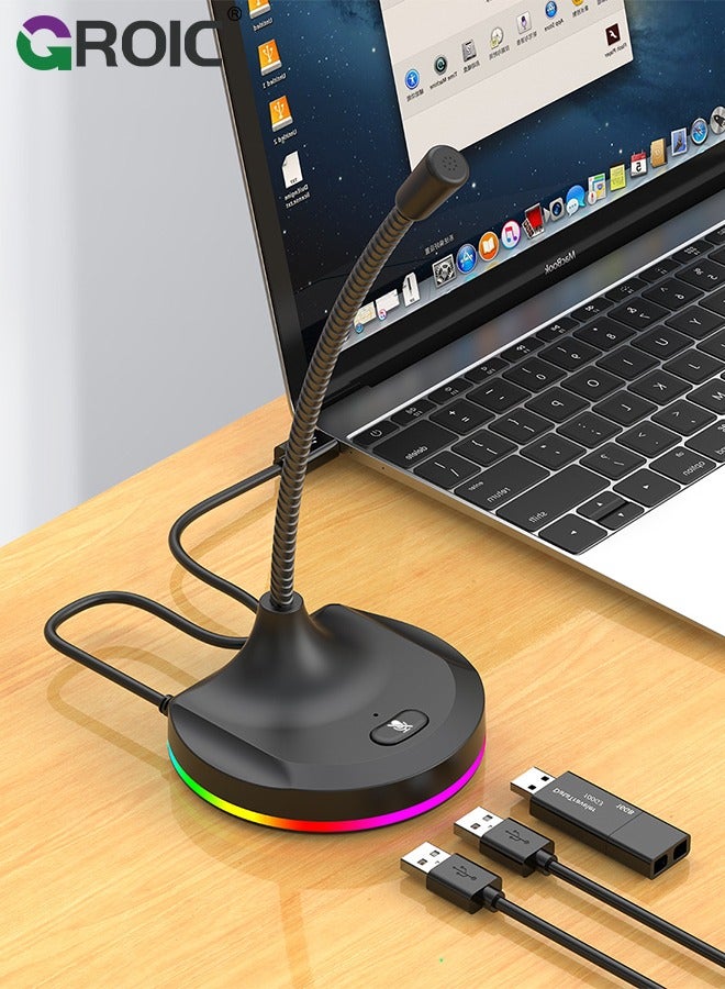 GROIC USB Computer Microphone, PC Microphone Mic Desktop with Colorful LED, Omnidirectional Condenser, Plug & Play Stand Compatible with PC, Laptop, Mac, PS4 for Recording, Gaming, Streaming, Podcast - Image 1