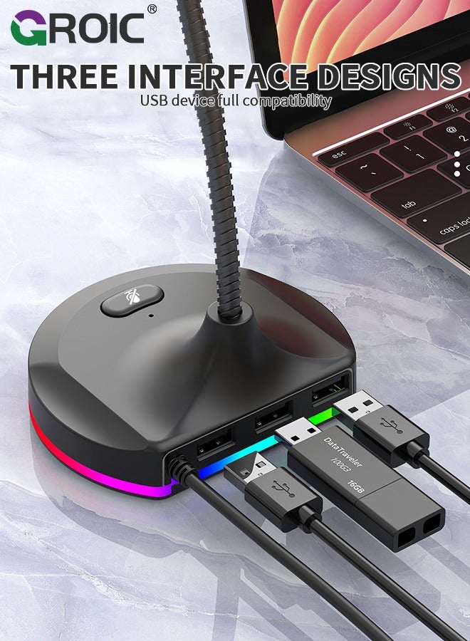 GROIC USB Computer Microphone, PC Microphone Mic Desktop with Colorful LED, Omnidirectional Condenser, Plug & Play Stand Compatible with PC, Laptop, Mac, PS4 for Recording, Gaming, Streaming, Podcast - Image 3