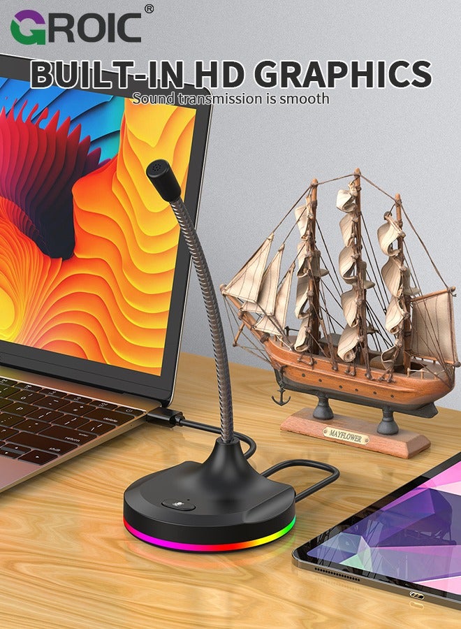 GROIC USB Computer Microphone, PC Microphone Mic Desktop with Colorful LED, Omnidirectional Condenser, Plug & Play Stand Compatible with PC, Laptop, Mac, PS4 for Recording, Gaming, Streaming, Podcast - Image 4