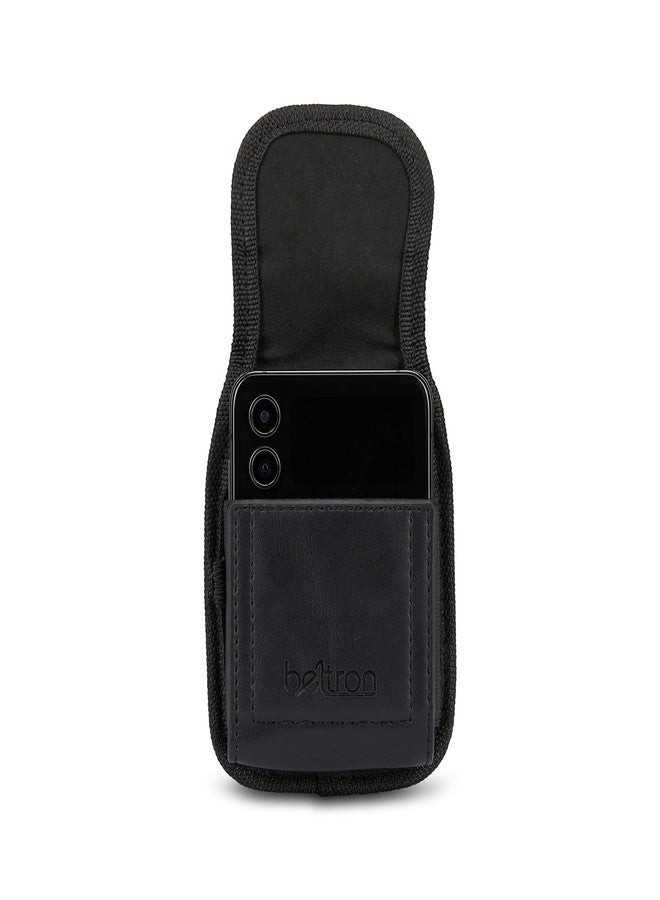 BELTRON Case-Compatible Leather Pouch for Motorola RAZR+ 2025 2024 2023, Samsung Galaxy Z Flip 7/6/5/4/3 with Heavy Duty Belt Loop, Metal Belt Clip & Dual Magnet Closure (Black Leather) - Image 2