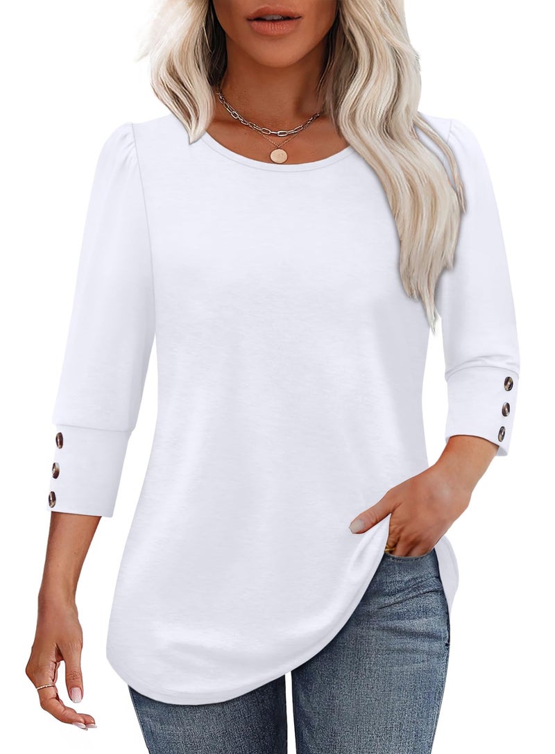 OFEEFAN أزياء الخريف المبكر بلوزات بيضاء للنساء كاجوال أنيقة بحجم زائد بأكمام بطول 3/4 تي شيرتات قمصان بلوزات صيفية ملابس عطلة على الشاطئ ملابس نسائية M - Image 2