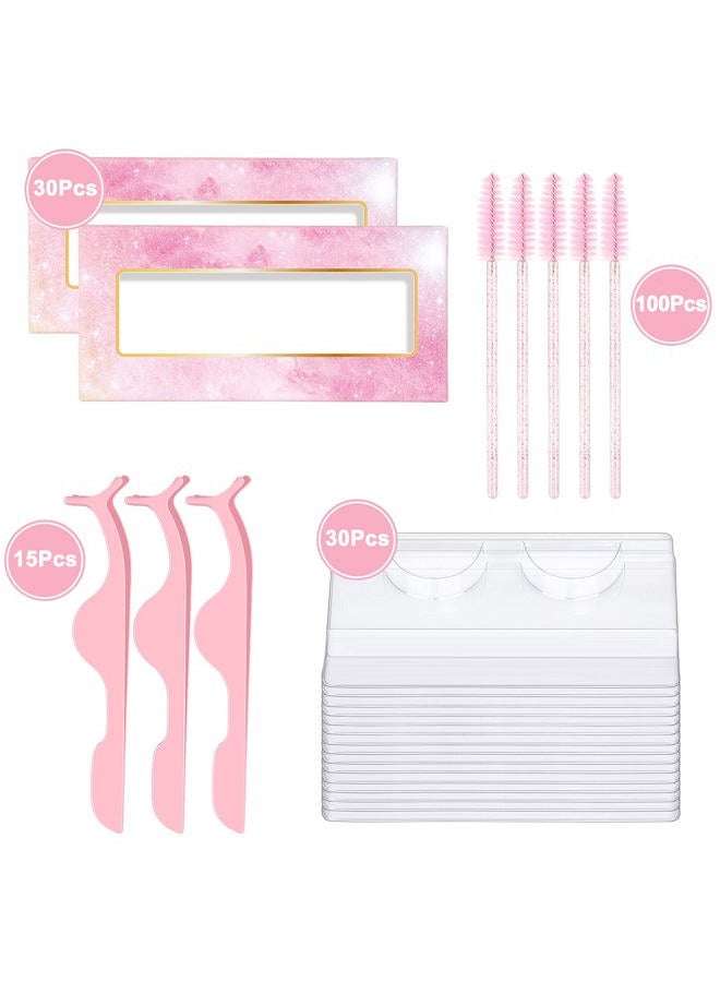 MAGEFY 175 Pieces Lash Packaging Wholesale, Include 30 Empty Eyelashes Packaging Box, 30 False Lash Trays, 15 Eyelash Tweezers and 100 Eyelash Brush Mascara Wands Disposable (Pink) - Image 2