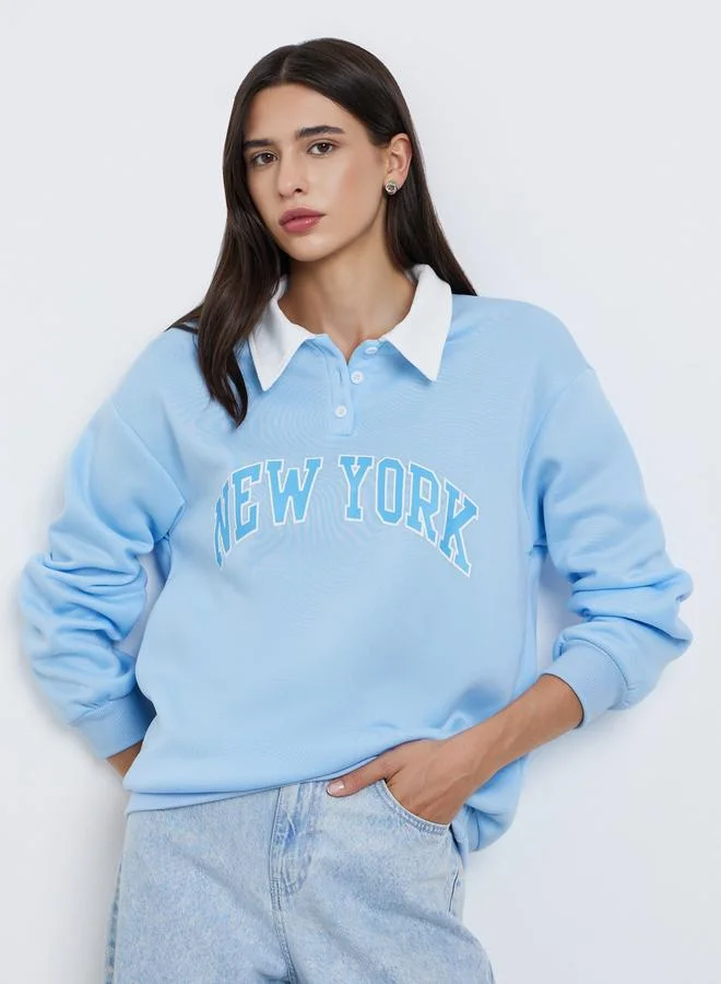 Take Two Take Two Blue New York Print Polo Neck Sweatshirt
