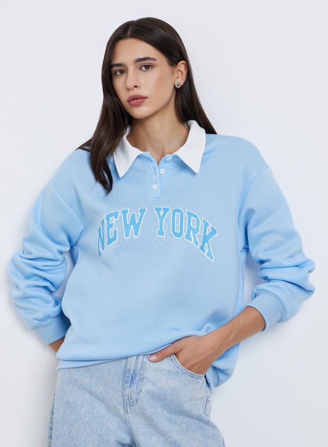 Take Two Blue New York Print Polo Neck Sweatshirt - Image 1