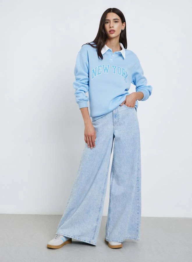 Take Two Take Two Blue New York Print Polo Neck Sweatshirt