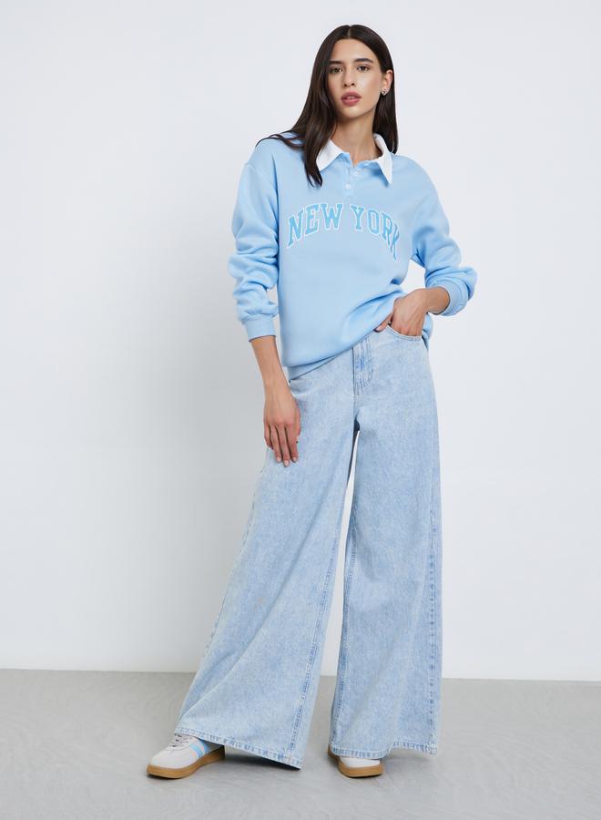 Take Two Blue New York Print Polo Neck Sweatshirt - Image 2
