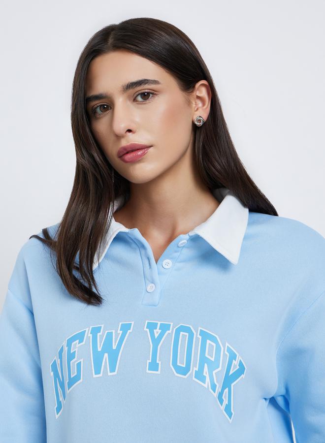 Take Two Blue New York Print Polo Neck Sweatshirt - Image 3