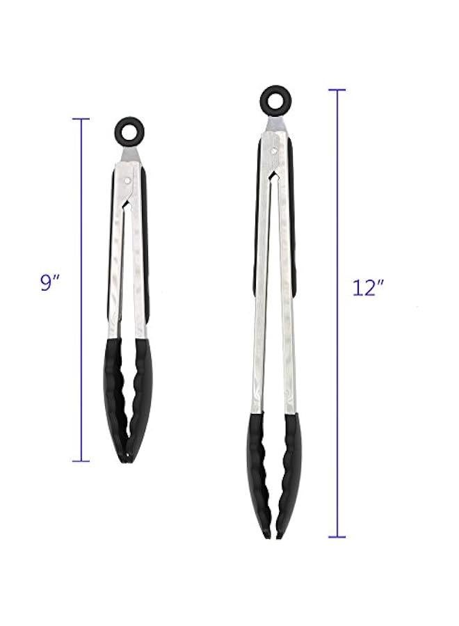 2 Pack Black Kitchen Tongs, Premium Silicone BPA Free Non-Stick Stainless Steel BBQ Cooking Grilling Locking Food Tongs, 9-Inch & 12-Inch - Image 3