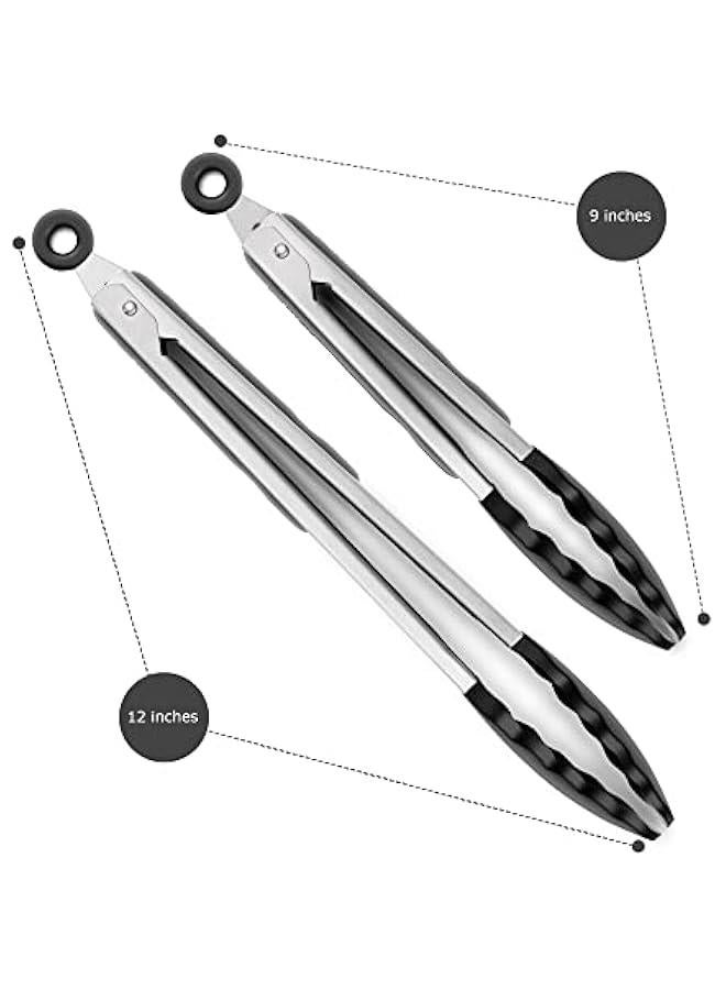 2 Pack Black Kitchen Tongs, Premium Silicone BPA Free Non-Stick Stainless Steel BBQ Cooking Grilling Locking Food Tongs, 9-Inch & 12-Inch - Image 5