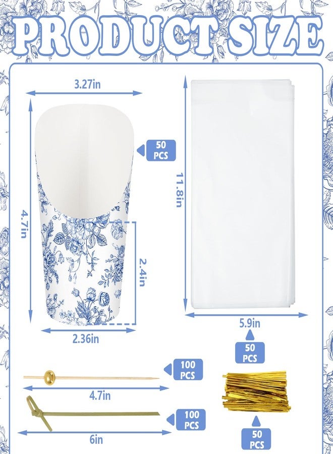 Whaline 50 Sets Blue Floral Charcuterie Cups with Sticks Bags 14Oz Chinoiserie Flower Disposable Appetizer Cup French Fry Holder for Wedding Something Blue Before I Do Bridal Baby Shower - Image 2