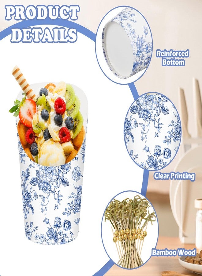 Whaline 50 Sets Blue Floral Charcuterie Cups with Sticks Bags 14Oz Chinoiserie Flower Disposable Appetizer Cup French Fry Holder for Wedding Something Blue Before I Do Bridal Baby Shower - Image 3
