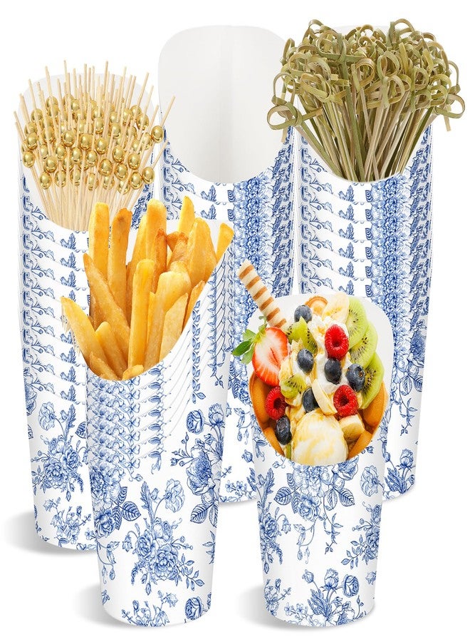 Whaline 50 Sets Blue Floral Charcuterie Cups with Sticks Bags 14Oz Chinoiserie Flower Disposable Appetizer Cup French Fry Holder for Wedding Something Blue Before I Do Bridal Baby Shower - Image 1