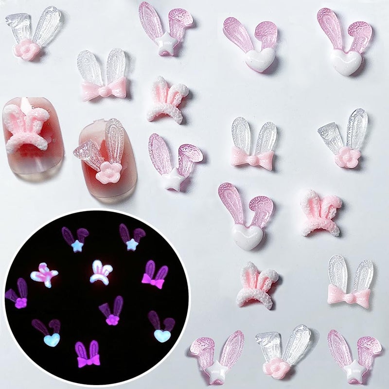 50Pcs Luminous Rabbit Ears Nail Charms,Mix Style 3D Kawaii Rabbits Nail Charms for Acrylic Nails Cute Pink Bunny Ear Star Bow Heart Flower Charms for Nails Glow in The Dark for Nail Supplies Nail Art