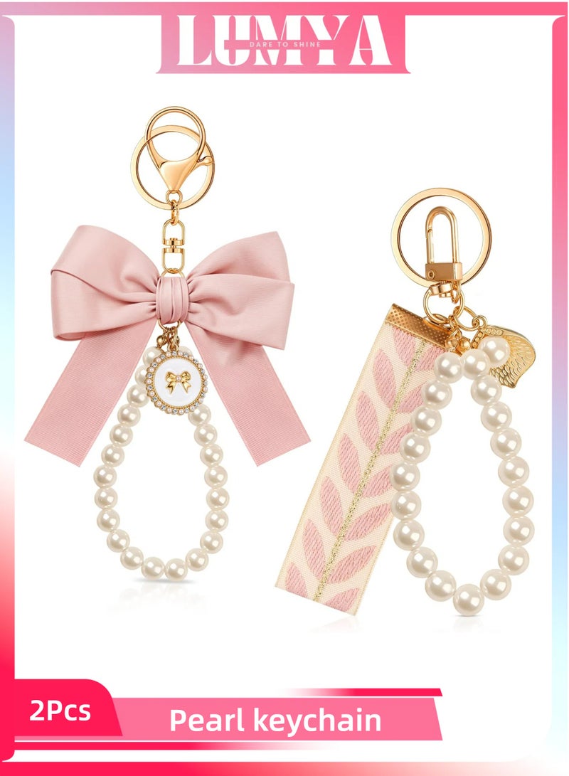 LUMYA 2Pcs Pink Bow Keychain for Women, Pearl Wristlet Keyring, Car Keys Handbag Purse Pendant, Cute Bag Charm Accessory, Elegant Key Holder for Purse, Handbag, Backpack, Ideal Gift for Girls (Light Pink) - Image 1