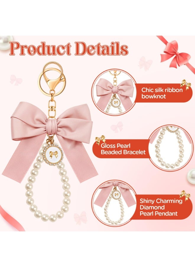LUMYA 2Pcs Pink Bow Keychain for Women, Pearl Wristlet Keyring, Car Keys Handbag Purse Pendant, Cute Bag Charm Accessory, Elegant Key Holder for Purse, Handbag, Backpack, Ideal Gift for Girls (Light Pink) - Image 3