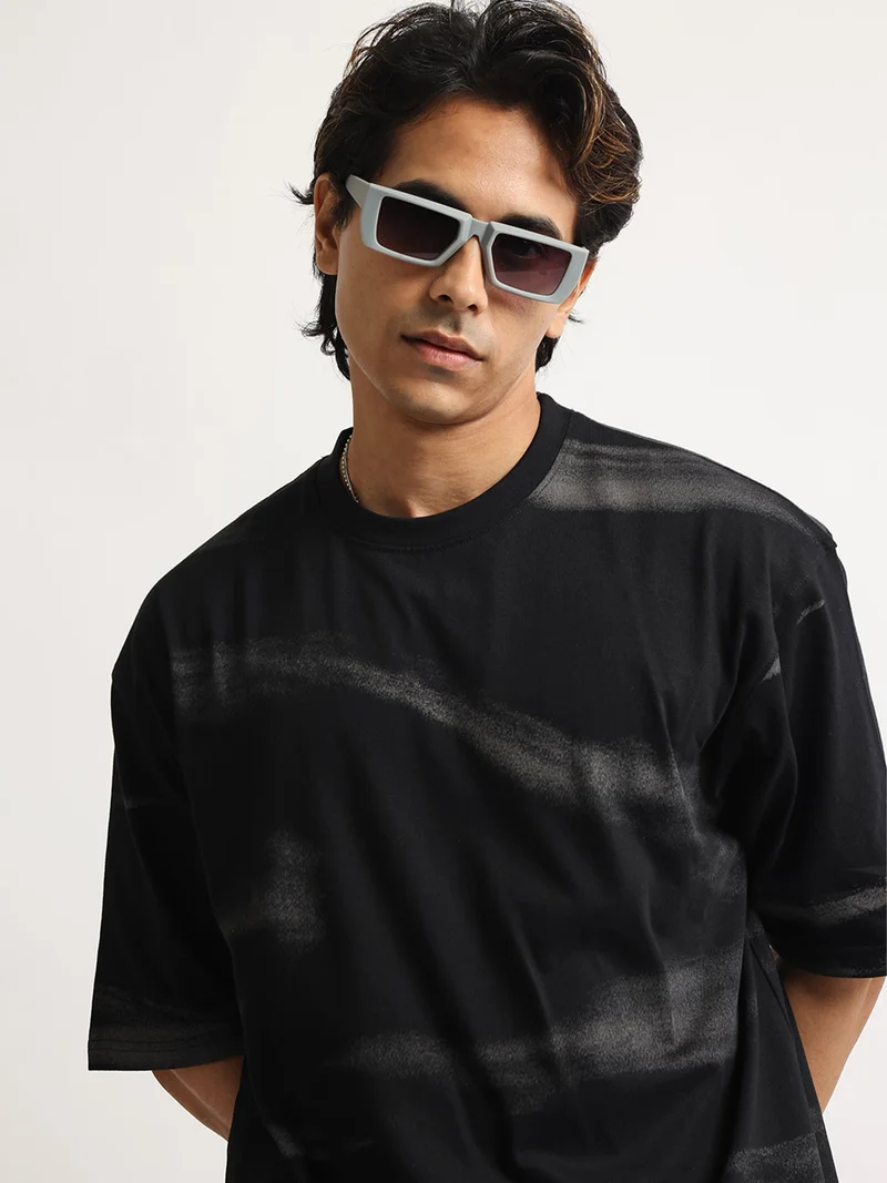 مانياك Maniac Mens Color Block Henley Neck Half Sleeve Black and White Cotton Tshirt