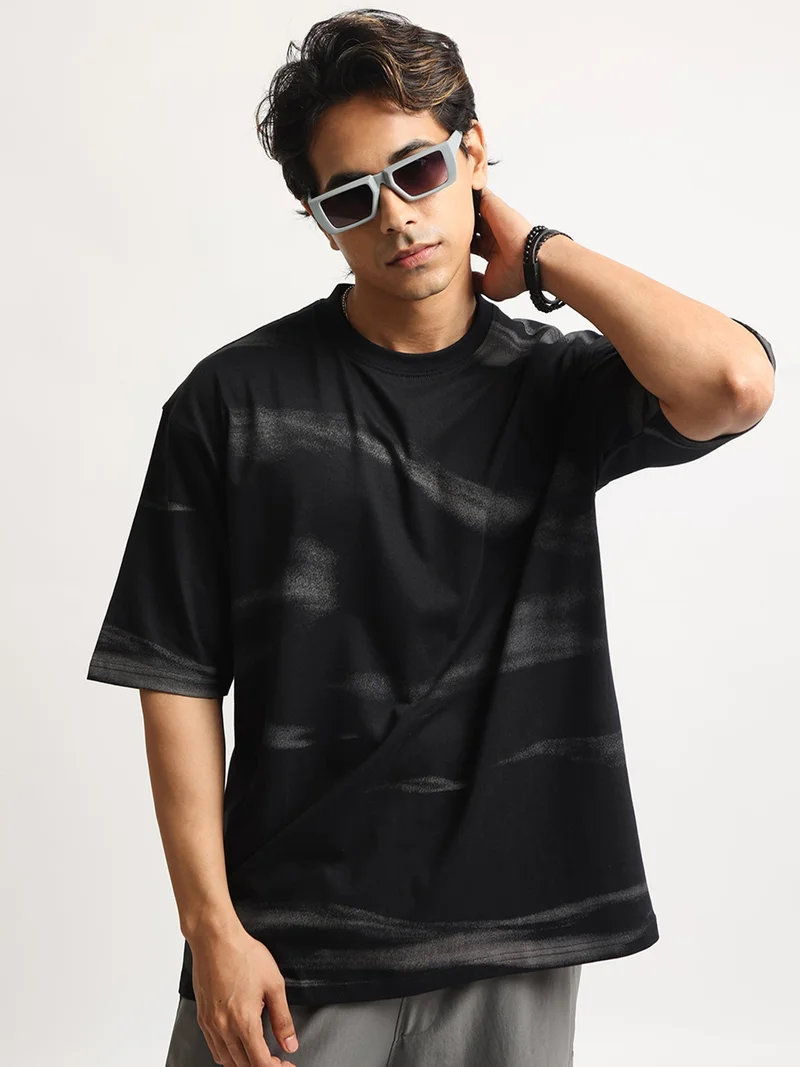 Maniac Maniac Mens Color Block Henley Neck Half Sleeve Black and White Cotton Tshirt