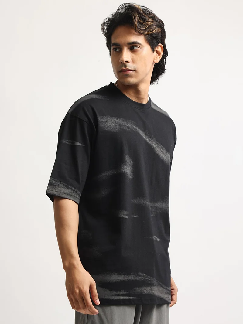 Maniac  Maniac Mens Color Block Henley Neck Half Sleeve Black and White Cotton Tshirt for Men | Best Price UAE