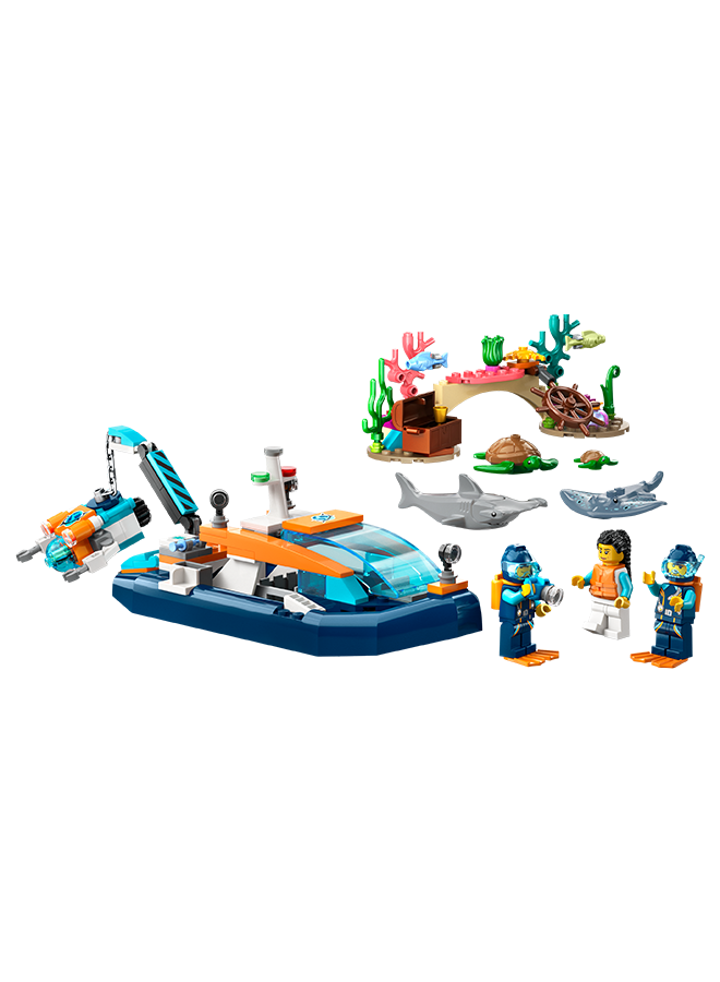 ليغو City Explorer Diving Boat 60377 Building Toy Set; Ocean Playset for Ages 5+; Includes a Coral Reef Setting, Mini-Submarine, 3 Minifigures and Manta Ray, Shark, Crab, 2 Fish and 2 Turtle Figures (182 Pieces)