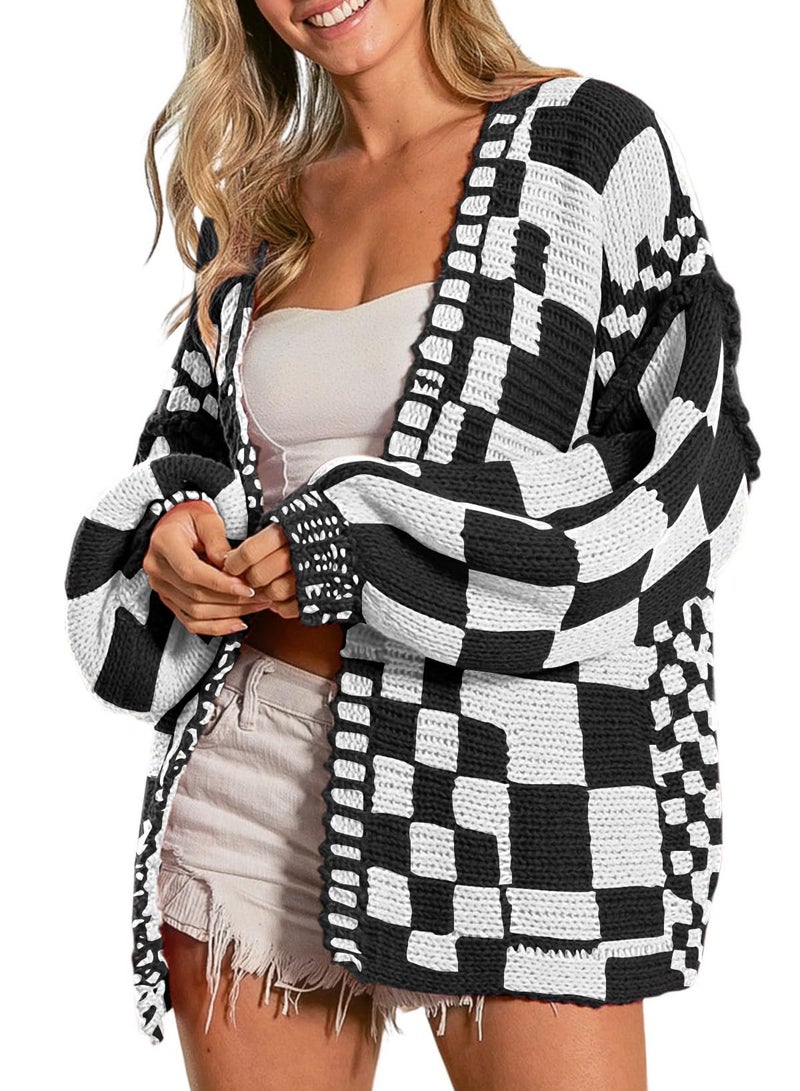 SELINK Women's Cardigan Sweater Vintage Black Open Front Mixed Checkered Pattern Chunky Knit Plaid Long Sleeve Daily Outwear XL